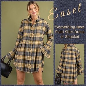 Easel "Something New" Distressed Flared Plaid Shirt Dress Shacket W/Bell Sleeves